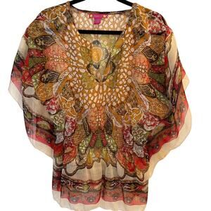 Boho Butterfly Geometric Mandala Print Sheer Kaftan Kimono Art to Wear Top Large